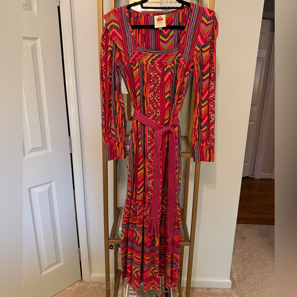 FARM Rio Long Sleeve Square Neck Belted Maxi Dress